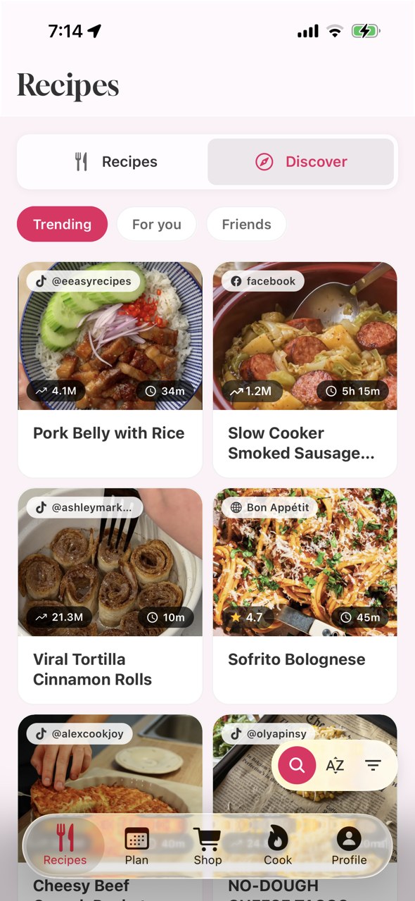 Aioli Discover tab showing trending recipes from TikTok, Facebook, Instagram and recipe websites