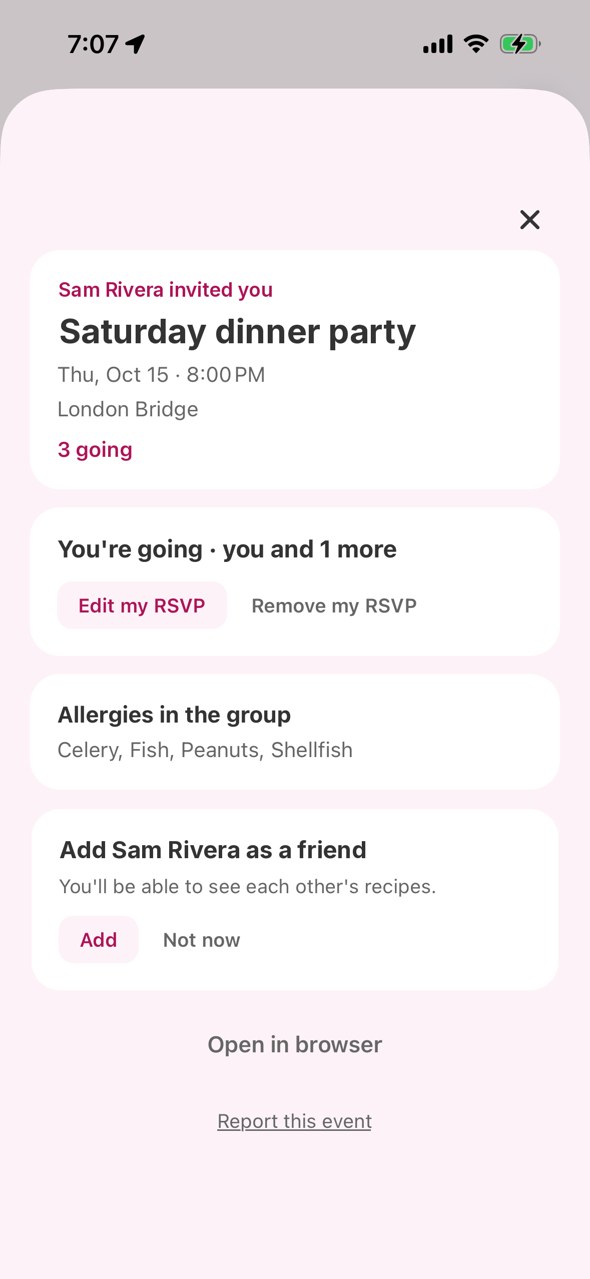 Aioli dinner party invite showing RSVPs and allergies in the group